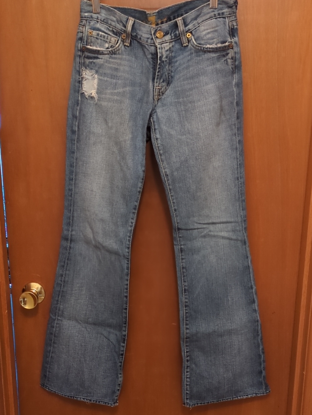 7 For All Mankind Light Blue Flare Jeans with Thigh Distress